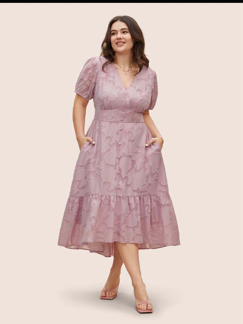 BloomChic Dusty Pink Textured Midi Dress with Puff Sleeves
